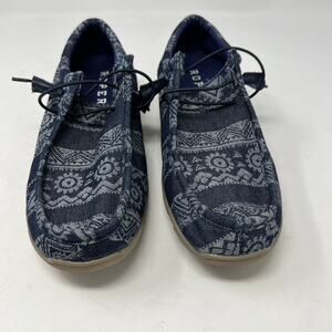 Roper Chillin Navy Aztec Southwestern Tribal Canvas Moc Toe Womens Shoes 6.5